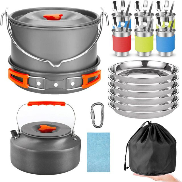 Aimo Outdoor Camping Kochgeschirr Set aus Aluminium in Orange, faltbares Set mit Topf und Pfanne, 1,6 l Volumen - Bild 1