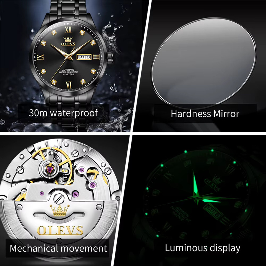 OLEVS Armbanduhr Automatik, Edelstahl, Gold, Diamant, Doppelkalender, Herren - Bild 5