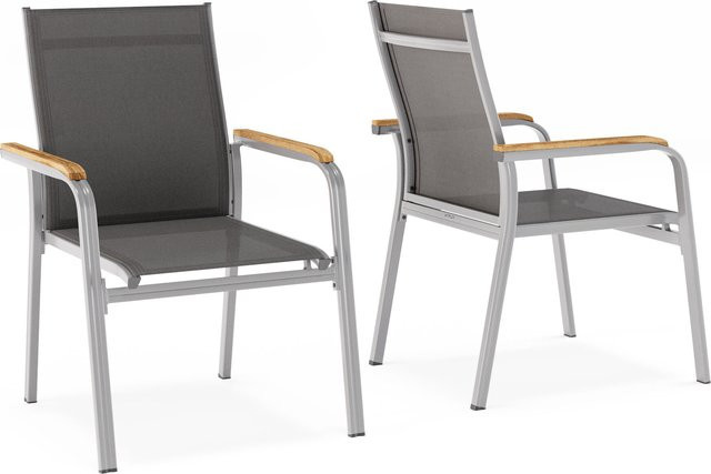 Kettler Granada 6er-Set Stapelsessel aus Aluminium in Silber/Anthrazit mit Teakholz-Armlehnen und Textilene-Bezug - Bild 1