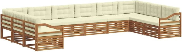 vidaXL Sofagarnitur aus Massivholz Akazie in U-Form, 10-teiliges Set in Natur und Creme mit Sitz- und Rückenkissen - Bild 1