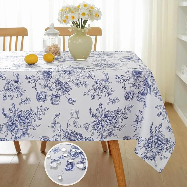 Wasserdichte rechteckige Tischdecke von JMG Household Supplies mit blau-weißem Floral-Print, B/B/H: 140 x 180 cm - Bild 1
