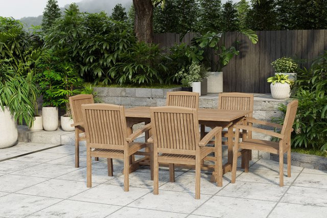 OUTFLEXX Ontario/Washington Garten-Essgruppe aus Teakholz in Braun mit 6 Stapelsesseln und ausziehbarem Tisch, B/T/H: 160 x 90 x 75 cm bis 210 x 90 x 75 cm - Bild 1