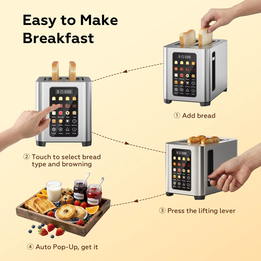 Patbrela Smarter Toaster aus Edelstahl in Silber mit Touchscreen, digitalem Timer und Brothalter für 2 Scheiben - Bild 7