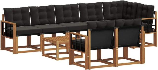 vidaXL Outdoor-Sofagarnitur 9-tlg. aus Akazienholz und Textilene in Schwarz und Natur mit Kissen und L-Form - Bild 1