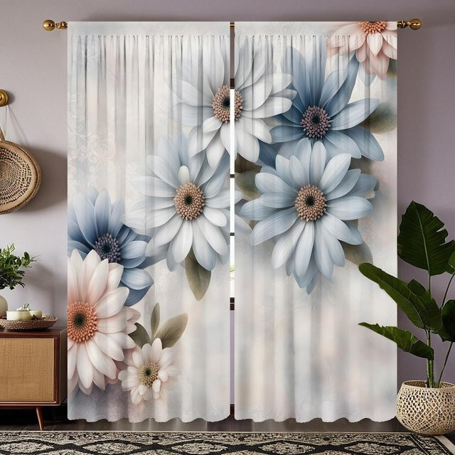 2er-Set dekorative Vorhänge mit blauem floralem Landschaftsprint, halbtransparent, modern, Farben: Blau und Grau, B: 132 cm, H: 160 cm - Bild 1