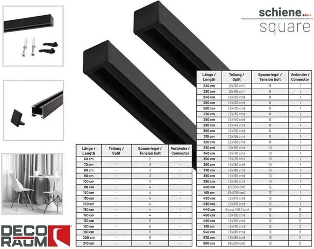 Deco-Raum Gardinenschiene Square nach Maß, 1-Lauf, gerade, Deckenmontage, Schwarz, Länge: 300 cm - Bild 1