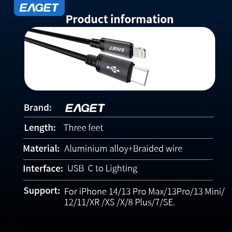 EAGET USB-C zu Lightning 27W Schnellladekabel in Schwarz mit Nylon-Ummantelung und verzinnter Kupferkern für iPhone und iPad - Bild 3
