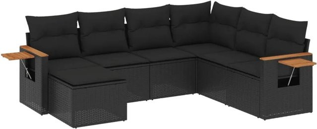 vidaXL 7-teilige Garten-Sofagarnitur in L-Form aus Poly-Rattan und Akazienholz mit Kissen in Schwarz - Bild 1
