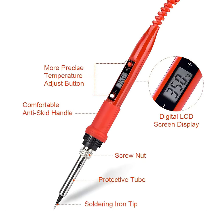 Podofo 80W Lötkolben-Set in Rot mit LCD-Anzeige, einstellbarer Temperatur, Keramikheizspitzen, Pinzette und Lötdraht für Leiterplatten - Bild 7