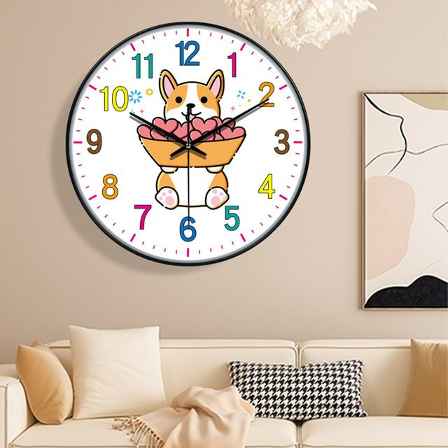 P.Chuang Wanduhr mit Cartoon-Hund für Kinderzimmer, runde analoge Uhr aus Kunststoff in Schwarz und Mehrfarbig, Durchmesser: 30,48 cm - Bild 1