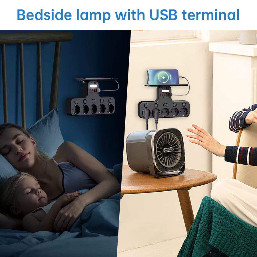 Multifunktions-Steckdosenleiste in Schwarz mit 4000 W, Wandmontage, unabhängigen Schaltern, Sensor-Nachtlicht sowie 3 USB-C und 3 USB-A Ladeanschlüssen - Bild 3