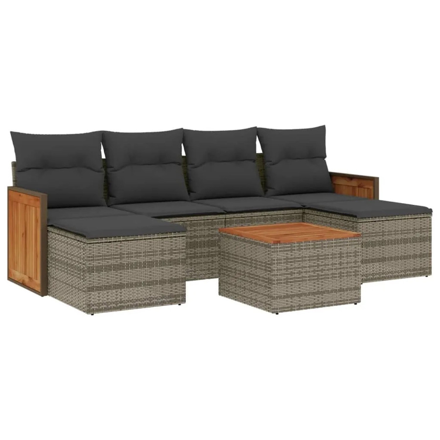 vidaXL 7-tlg Garten-Sofagarnitur aus Polyrattan und Akazienholz in Grau mit Kissen - Bild 2
