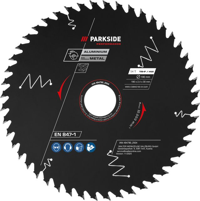 Parkside Performance Kreissägeblatt Multi für Holz und Metall, Durchmesser: 190 mm, 54 Zähne, Carbide-Tipped, Schwarz - Bild 1