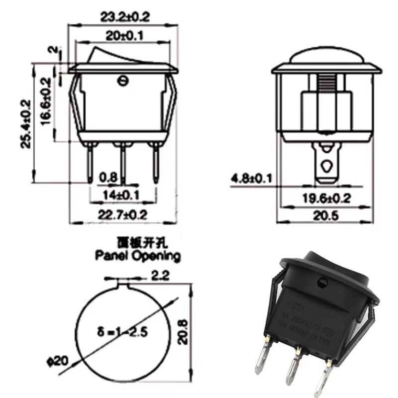 KCD1 LED-beleuchteter runder Wippschalter für Auto und Boot, 12V 24V / 6A 250V / 10A 125V, Schwarz - Bild 2