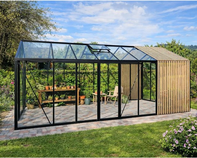 Bloomcabin Premium Gewächshaus Accoya-Fusion GHCAF14 in Schwarz mit Sicherheitsglas, Aluminium und integriertem Belüftungssystem sowie Dachfenstern - Bild 1
