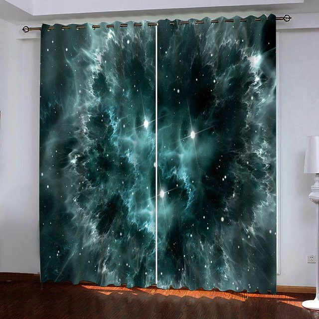 Yiran Furniture Weltraum-Galaxie Sternenhimmel Vorhänge mit Ösen, 2er-Set, Blau/Mehrfarbig, B: 100 cm, H: 130 cm - Bild 1