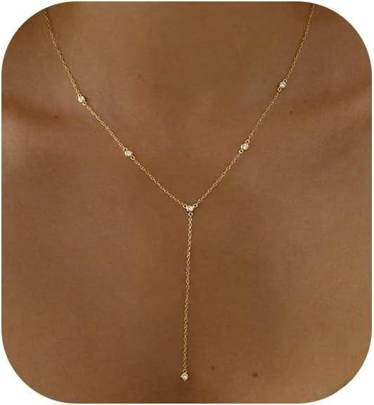 YULIN Lariat Halskette, Gold, Zirkonia, Damen, 45cm - Bild 1