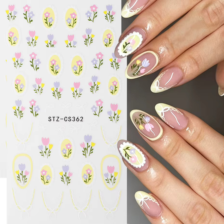 Full Beauty Nagelkunst-Aufkleber, Tulpenblumen mit Spitze und Schleifenmuster - Bild 2