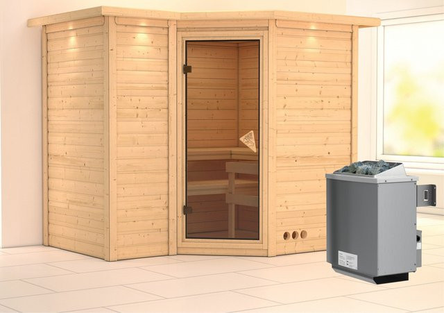 Karibu Massivholzsauna Steena 2 aus Fichte und Espe mit 9,0 kW Ofen, integrierter Steuerung, LED-Dachkranz und Ganzglastür in Bronze, B/T/H: 236 x 184 x 212 cm - Bild 1
