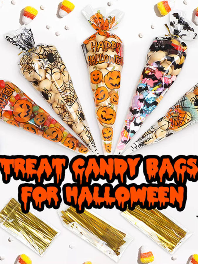 100 Stück Halloween Süßigkeitenbeutel im Kürbis-Stil von TMZ, dreieckige Kegeltüten aus Kunststoff für Geschenke und Lebensmittel - Bild 5
