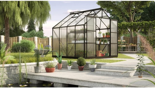 Gewächshaus Vitavia Uranus 6700 mit 4 mm Polycarbonat-Hohlkammerplatten, Fundament, Dachfenster und Regenrinnen, Schwarz - Bild 1