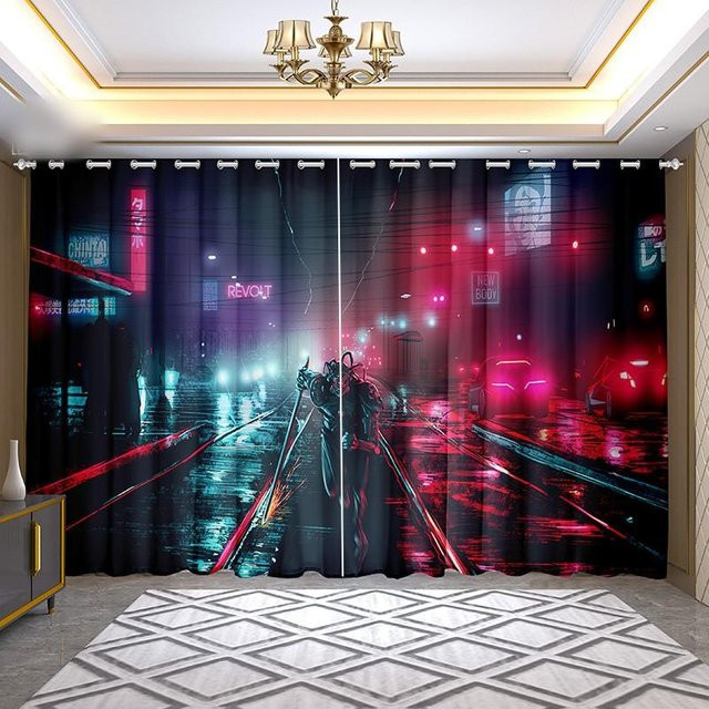 2-teiliges Cyberpunk-Anime-Vorhangset mit Stadtblick aus Baumwolle, halbtransparent, mehrfarbig, A Family Of Home Textiles - Bild 1