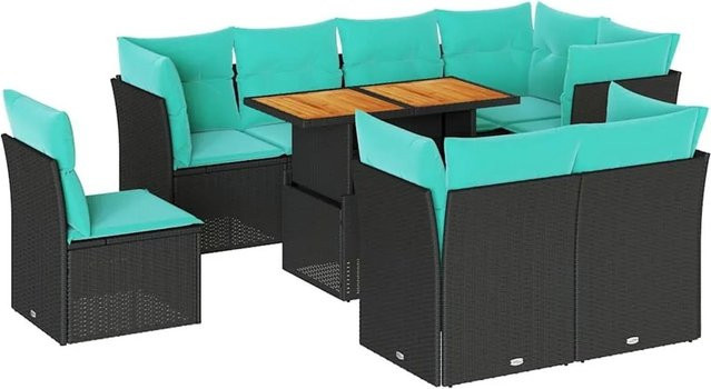 vidaXL 9-teilige Garten-Sofagarnitur aus Poly-Rattan und Akazienholz in Schwarz mit blauen Kissen - Bild 1