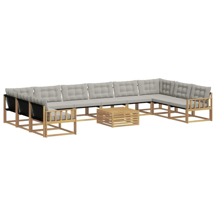 vidaXL Outdoor-Sofagarnitur 11-teilig in U-Form aus Akazienholz mit Textilene und Kissen in Weiß-Hellgrau - Bild 2