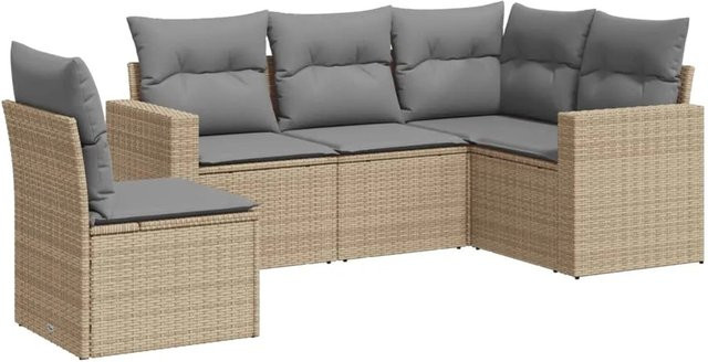 vidaXL 5-tlg Garten-Sofagarnitur in L-Form aus Poly-Rattan in Beige mit Kissen und pulverbeschichtetem Stahlgestell - Bild 1