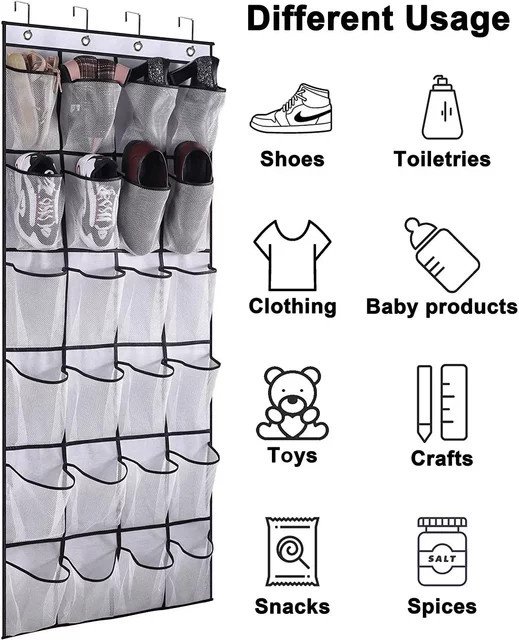 HOCOSHINE Hängendes Schuhregal mit 24 großen Netztaschen als Tür-Organizer für den Schrank in Schwarz oder Weiß - Bild 1