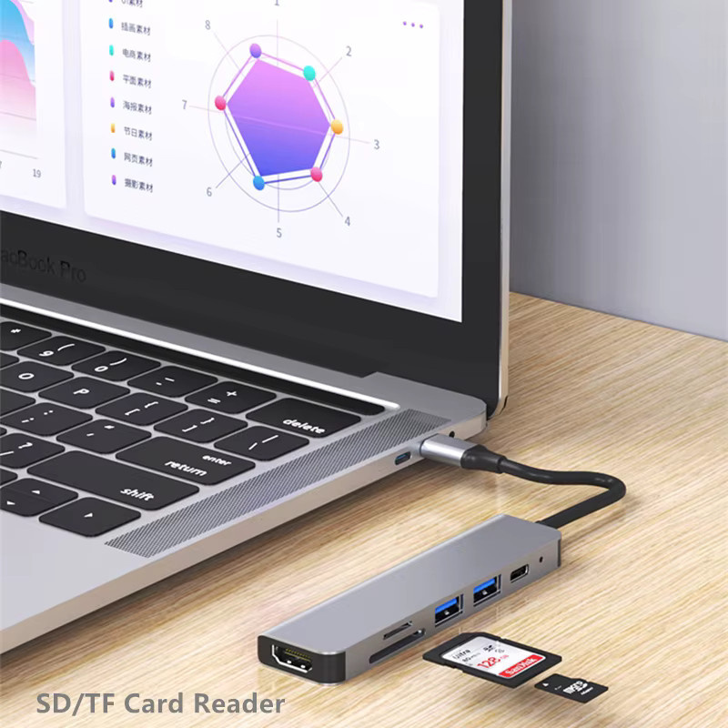 Rankman USB-C Hub mit 4K HDMI, SD, TF und USB 3.0 Anschlüssen in Silber/Grau für MacBook, iPad Pro und Samsung S21 Dex - Bild 2