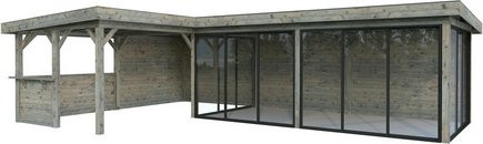 PALMAKO Pavillon Lenna Set 421 Slide aus Fichtenholz in Grau mit Alu-Schiebetüren, Eck-Tresenanlage und Flachdach, B/T/H: 876 x 588 x 245 cm - Bild 1
