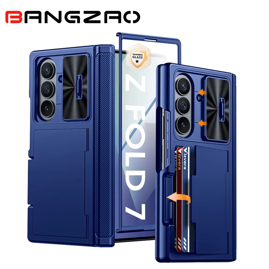 BANGZAO Stoßfeste Handyhülle für die Galaxy Z Fold Serie mit Kartenhalter, Schiebe-Kameraabdeckung und RFID-Blockierung in Blau - Bild 6