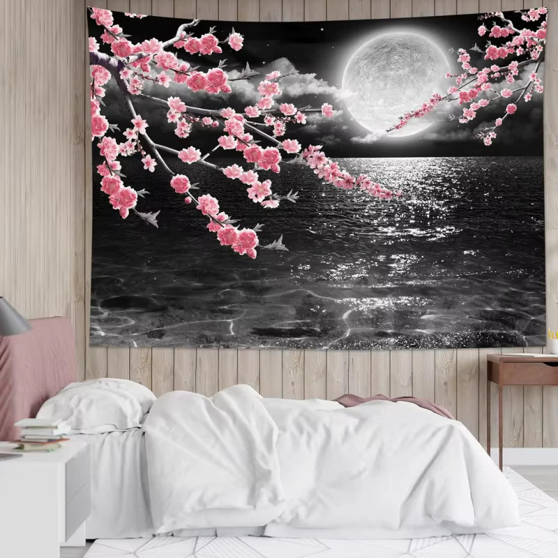 VIKAMA Wandteppich Night Ocean Cherry Blossom in Blau und Pink, Ästhetischer Sakura Wave Wandbehang mit floralem Design für dein Schlafzimmer - Bild 2