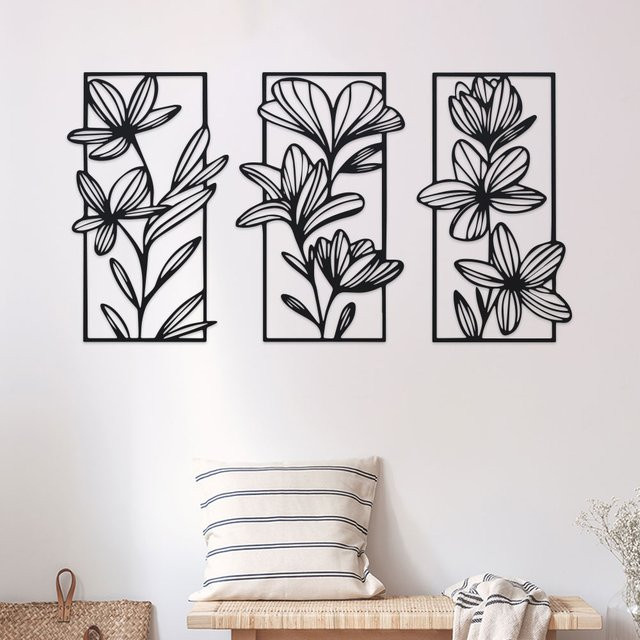 DDPNKL 3-teiliges Wandbild aus Eisen in Schwarz mit floralem Design für Wohnzimmer und Schlafzimmer - Bild 1