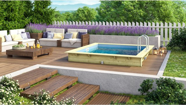 Karibu Rechteckiger KDI Massivholz Pool mit Leitern und Zubehör, B/T: 308,7 x 276,5 cm - Bild 1