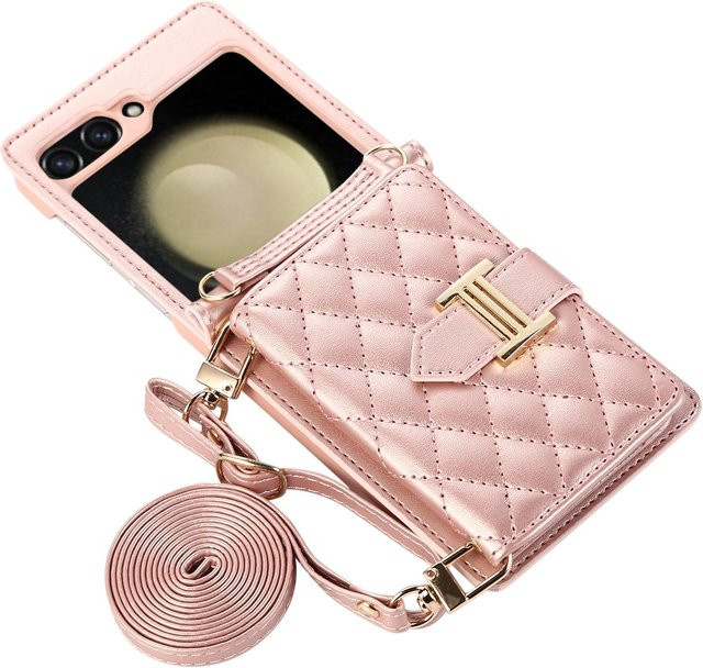 Samsung Galaxy Z Flip Crossbody Lederhülle mit Kartensteckplatz und Lanyard in Pink mit Diamantprägung - Bild 1