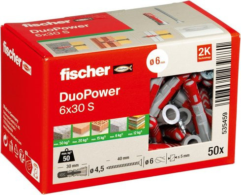 Fischer DUOPOWER Universaldübel aus Nylon in Grau und Rot, Durchmesser: 6 mm, Länge: 30 mm - Bild 2