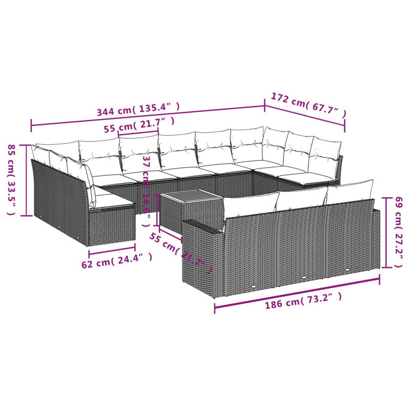 Vidaxl Gartenmöbel-Set aus Polyrattan und Akazie mit 14 Teilen und Kissen, Grau - Bild 2