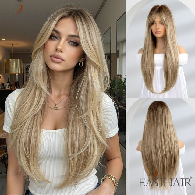 EASIHAIR Perücke, lange blonde braune Ombre-Perücke mit Pony, hitzebeständiges Kunsthaar, glatt, Damen - Bild 1