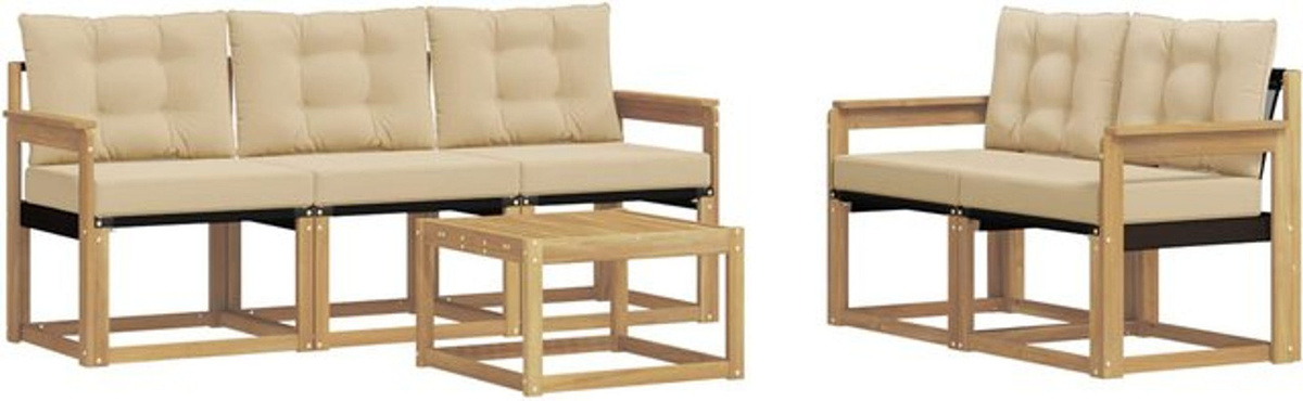 Modernes 6-teiliges Outdoor-Sofagarnitur Loungemöbel Set aus Akazie und Stoff in Weiß und Beige von vidaXL - Bild 1