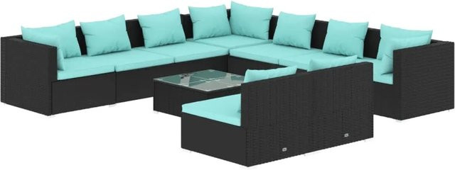 vidaXL 10-tlg. Garten-Lounge-Set in L-Form mit Kissen und Couchtisch, Schwarz und Blau, Poly-Rattan mit Metallgestell - Bild 1