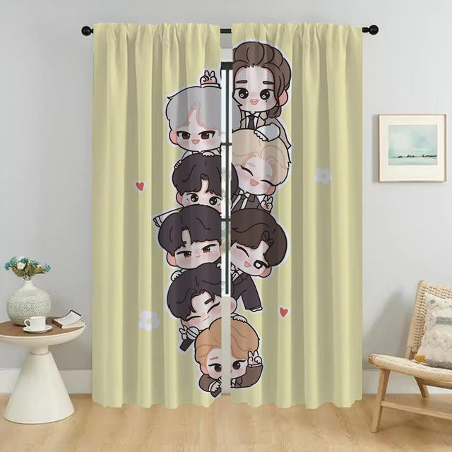Set aus 2 semi-transparenten Tüll-Gardinen mit KPOP Stray Kids Grafik in Beige, Breite: 96 cm, Höhe: 137 cm - Bild 1