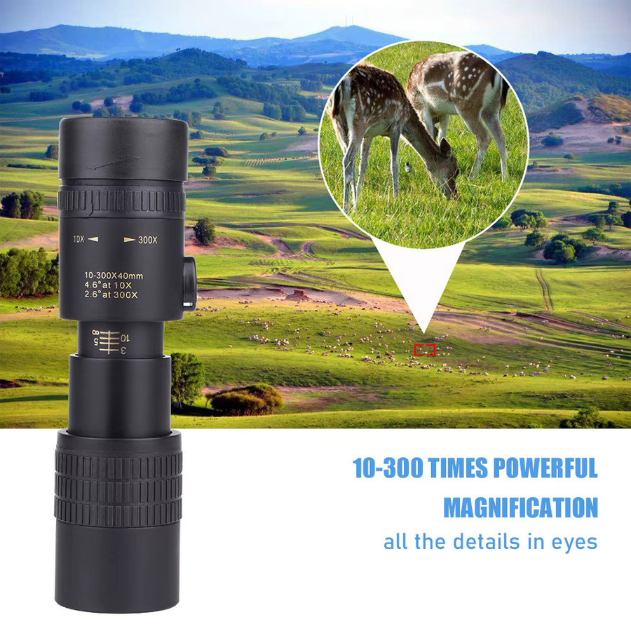 Professionelles Outdoor Monokular mit 10-300x40 Zoom-Objektiv und Handy-Fotoadapter für die Jagd, Schwarz - Bild 3