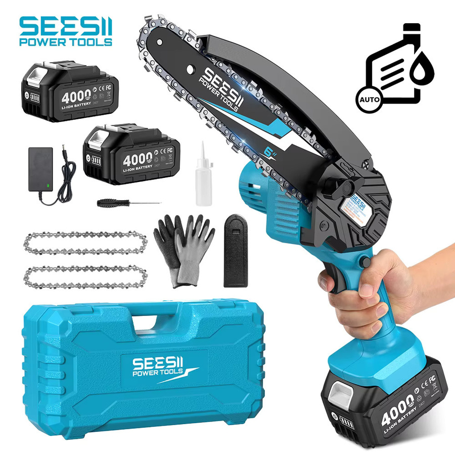 Seesii Akku-Mini-Kettensäge mit 8000 mAh Akku und automatischem Öler, blaue elektrische Gartensäge für Holzbearbeitung, kompatibel mit Makita 18 V LXT, 15,2 cm - Bild 6