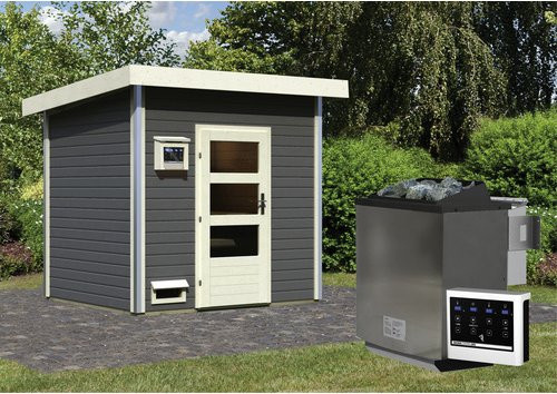 KARIBU Saunahaus in Grau mit 9 kW Bio-Kombi-Ofen und digitaler Steuerung, B/T/H: 231 x 196 x 238 cm - Bild 1