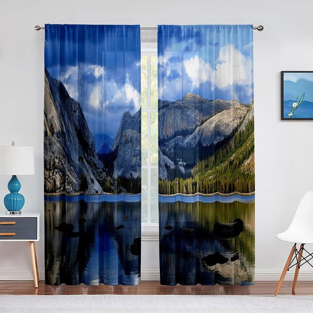 Transparenter Tüllvorhang mit Naturlandschaft Motiv Wasserfall See Berge und Sonnenaufgang in Blau, Breite: 100 cm, Höhe: 250 cm - Bild 1