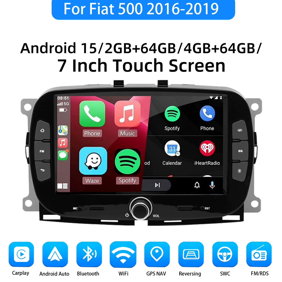 ESSGOO 7 Zoll Kabelloses CarPlay Android 15 Autoradio für FIAT 500 Abarth 2016-2019 Multimedia-Bildschirm Stereo mit 4+64G, GPS und WIFI in Schwarz - Bild 4