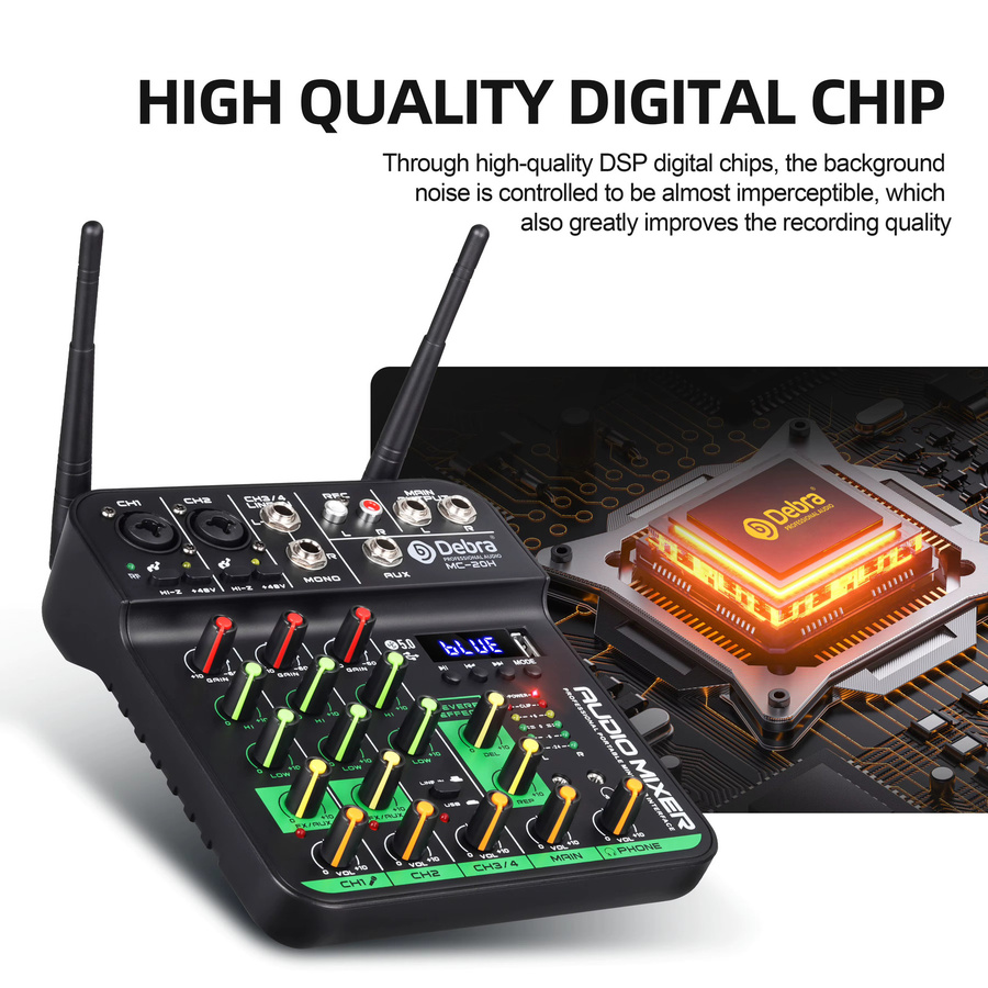Debra MC-20H UHF 4-Kanal-Audiomixer in Schwarz mit zwei drahtlosen Mikrofonen und Bluetooth 5.0 für Webcasts, Karaoke und DJ-Einsätze - Bild 3