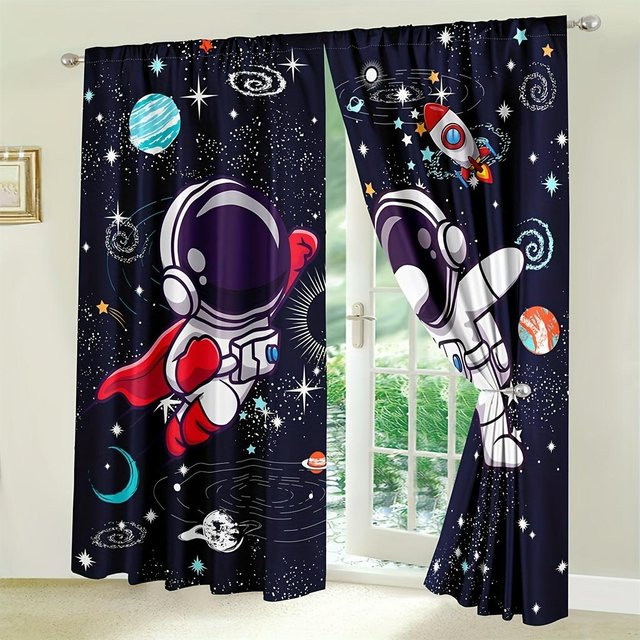 2er-Set Weltraum Astronaut Fenster Vorhänge mit kosmischem Design, halbtransparent, B: 150 cm, H: 166 cm - Bild 1